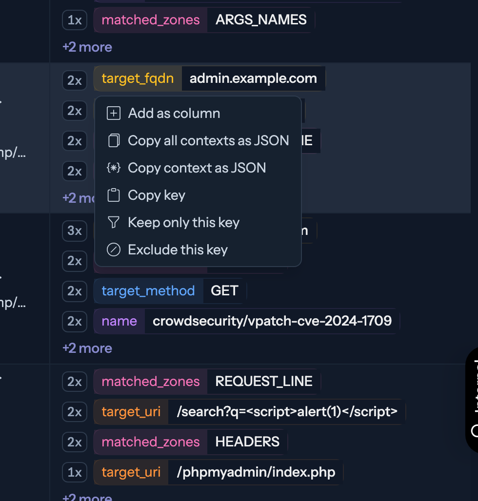 The context tag menu: keep, exclude, copy, or add the tag as a column