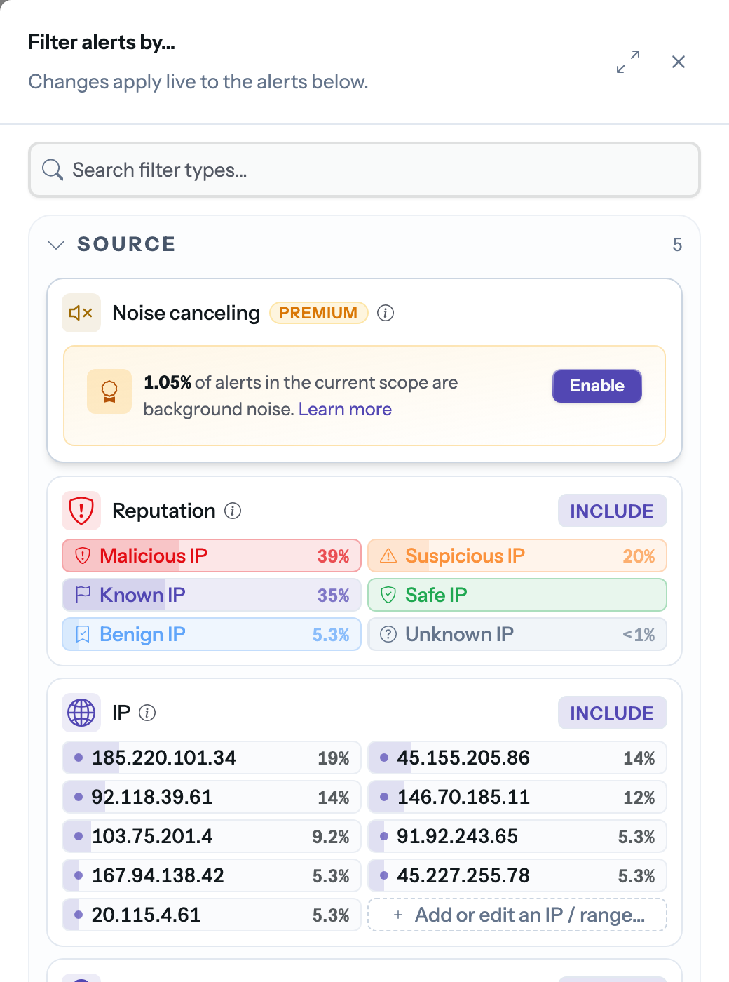 The Noise canceling filter: sensitivity slider and the share of alerts scored as noise