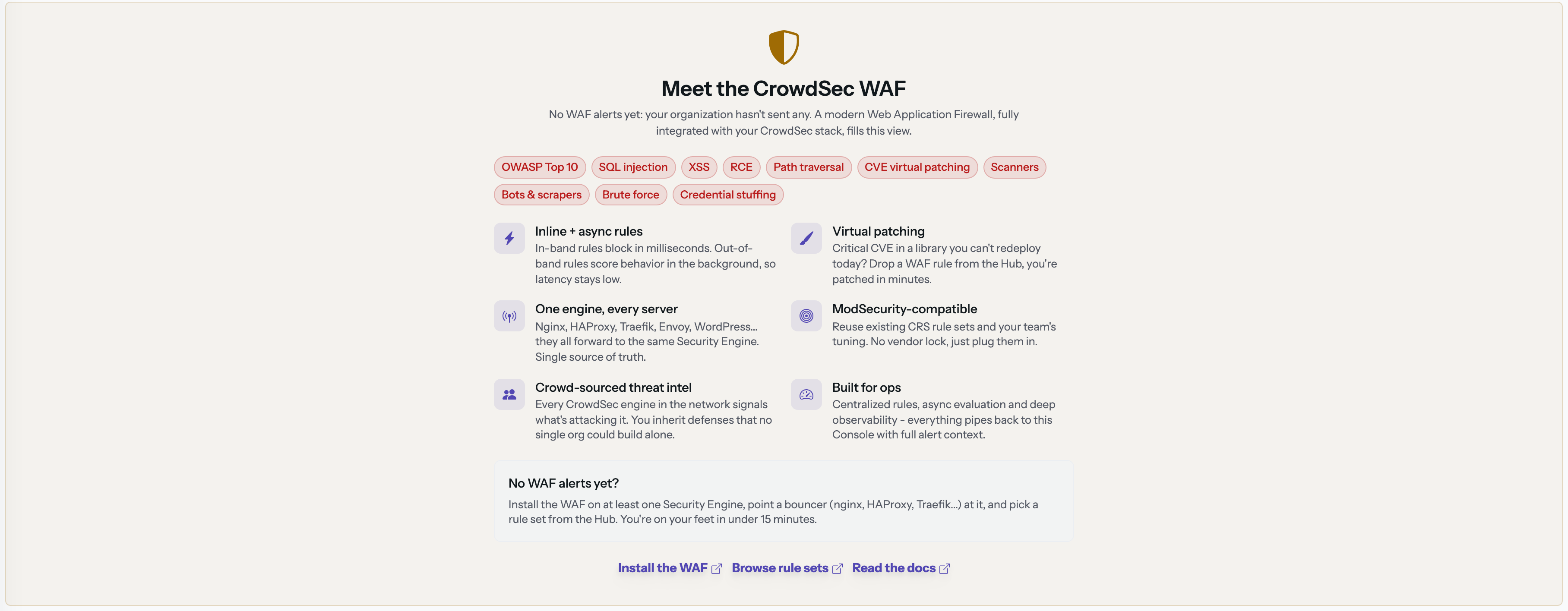 The WAF view empty state, pitching the AppSec component setup